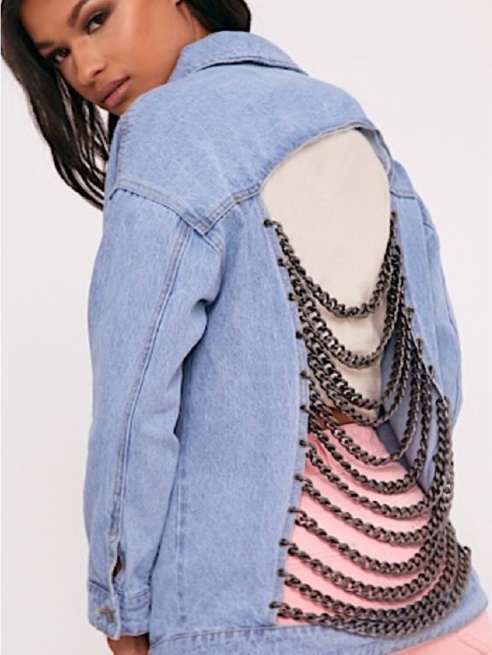 PrettyLittleThing Light Blue Denim Jacket with Gunmetal Chain Back Detail
